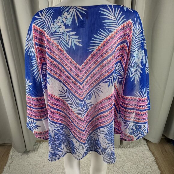 Ruby Rd Women's Blue, Pink, Tropical Chevon Chiffon Poncho Blouse, Top Size 2X - Picture 5 of 10